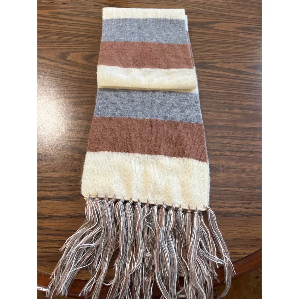 Sears cream grey brown striped scarf with fringe